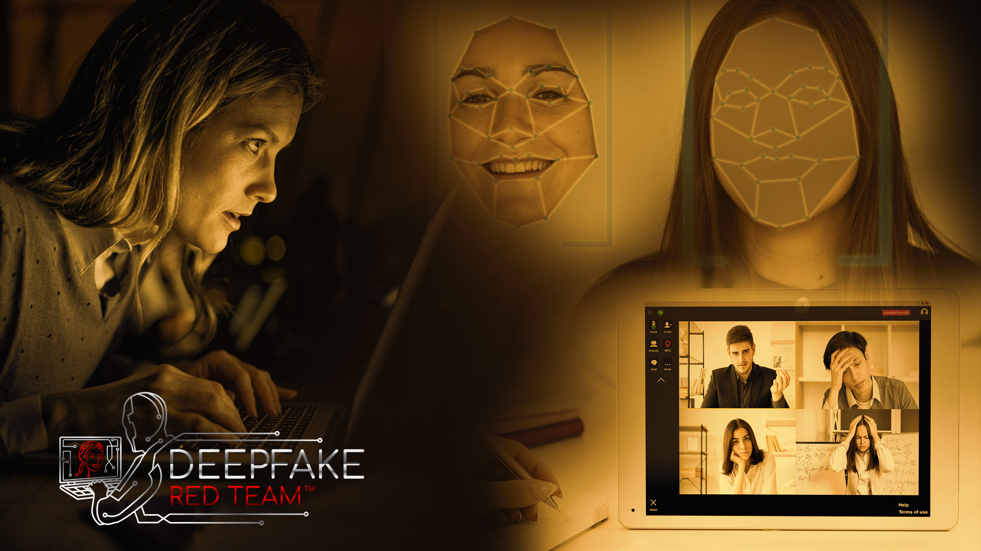 Deepfake Red Team: a person at a laptop while a video call and biometric face maps glow around her