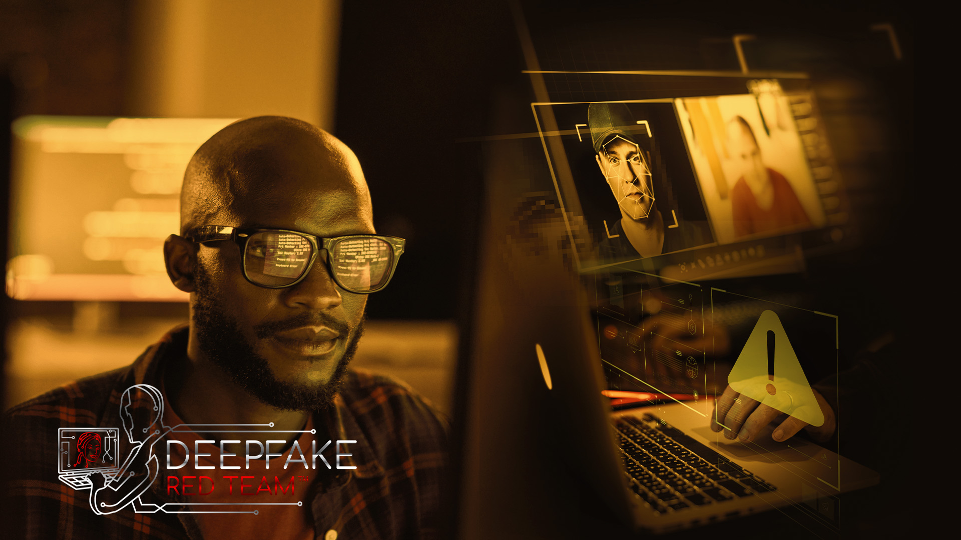Deepfake Red Team: a person watching a screen while facial-recognition software maps a face and a warning indicator flashes